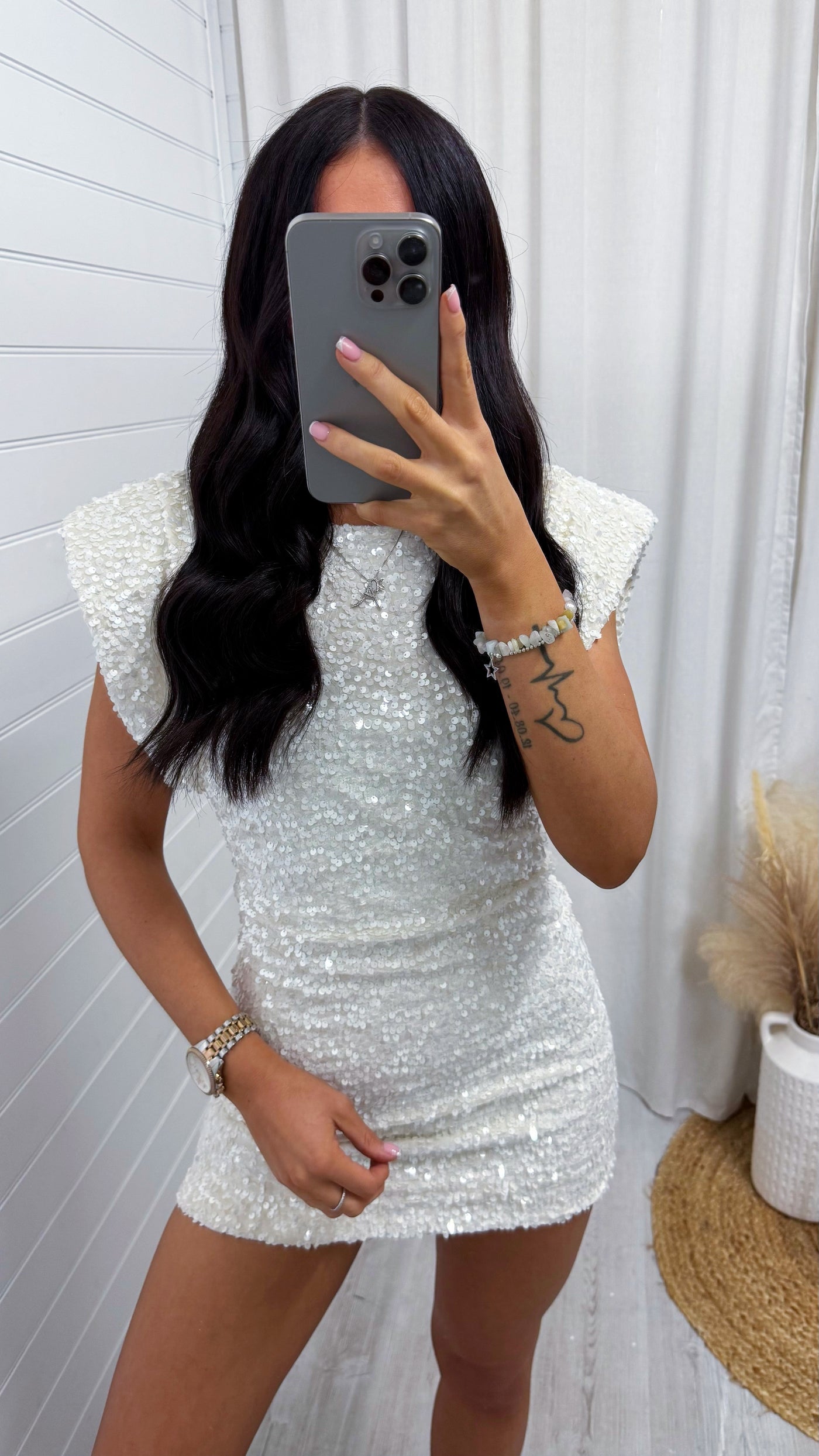 Cap Sleeve Shoulder Padded Velvet Sequin Dress - WHITE