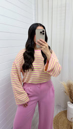 Baggy Stripe Long Sleeve T-Shirt - BABY PINK/LEMON