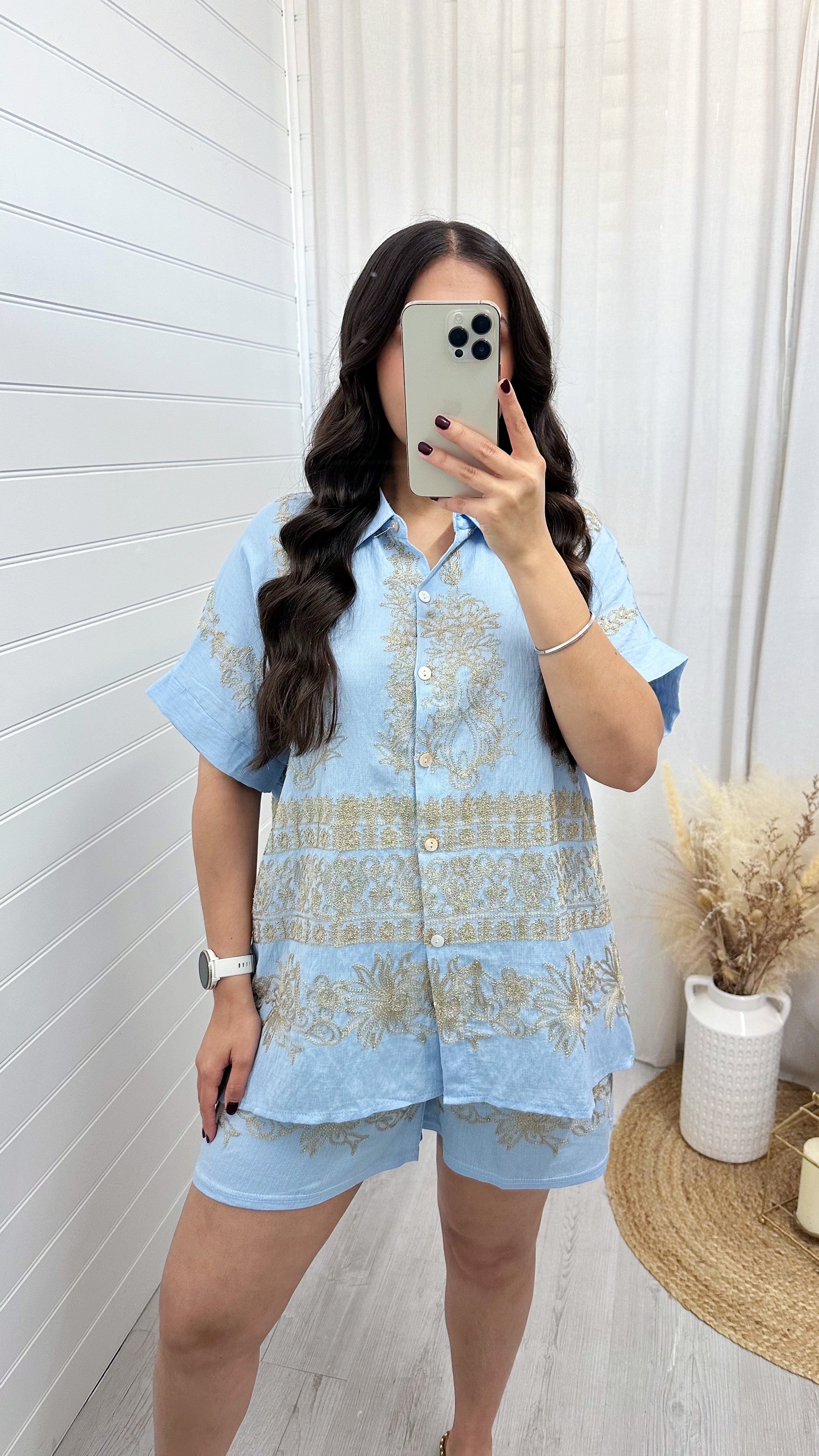 Gold Sparkle Embroidered Shirt and Shorts Co-Ord - BLUE