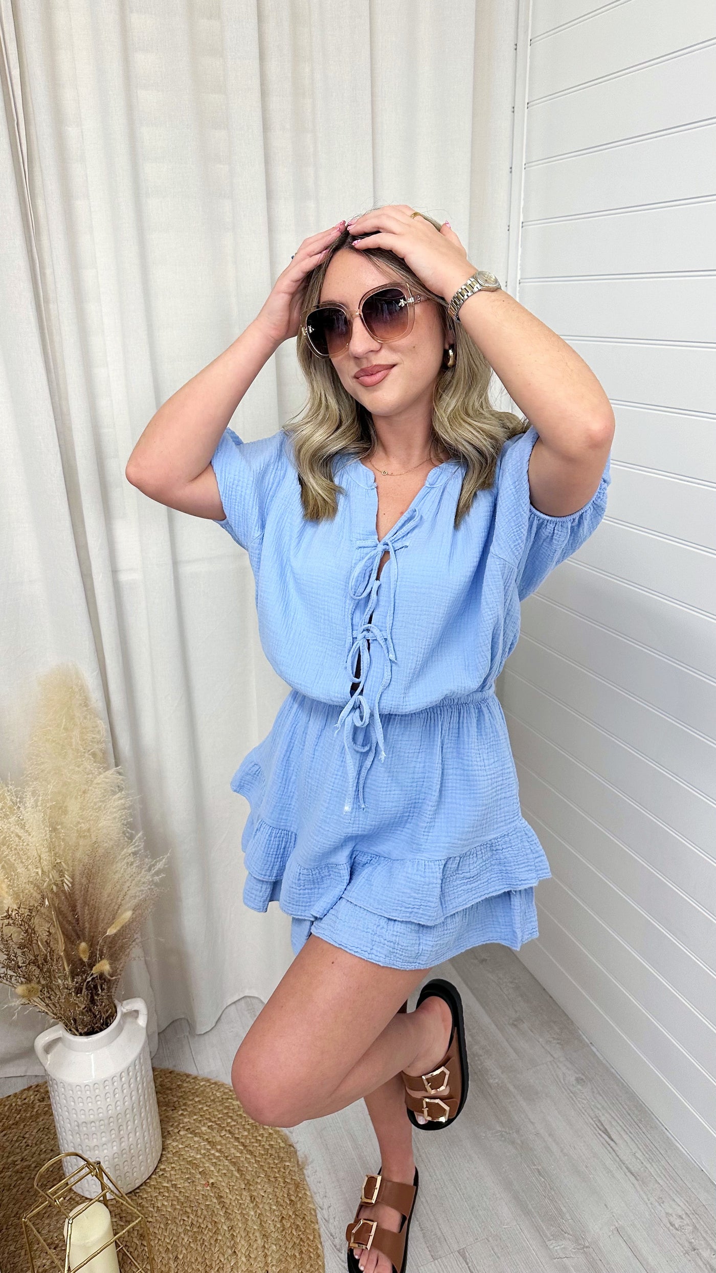 Cheesecloth Bow Tie Frill Hem Playsuit - POWDER BLUE