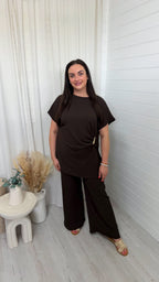 Gold Clasp Ruched Top and Wide Leg Trousers Co-Ord - BROWN