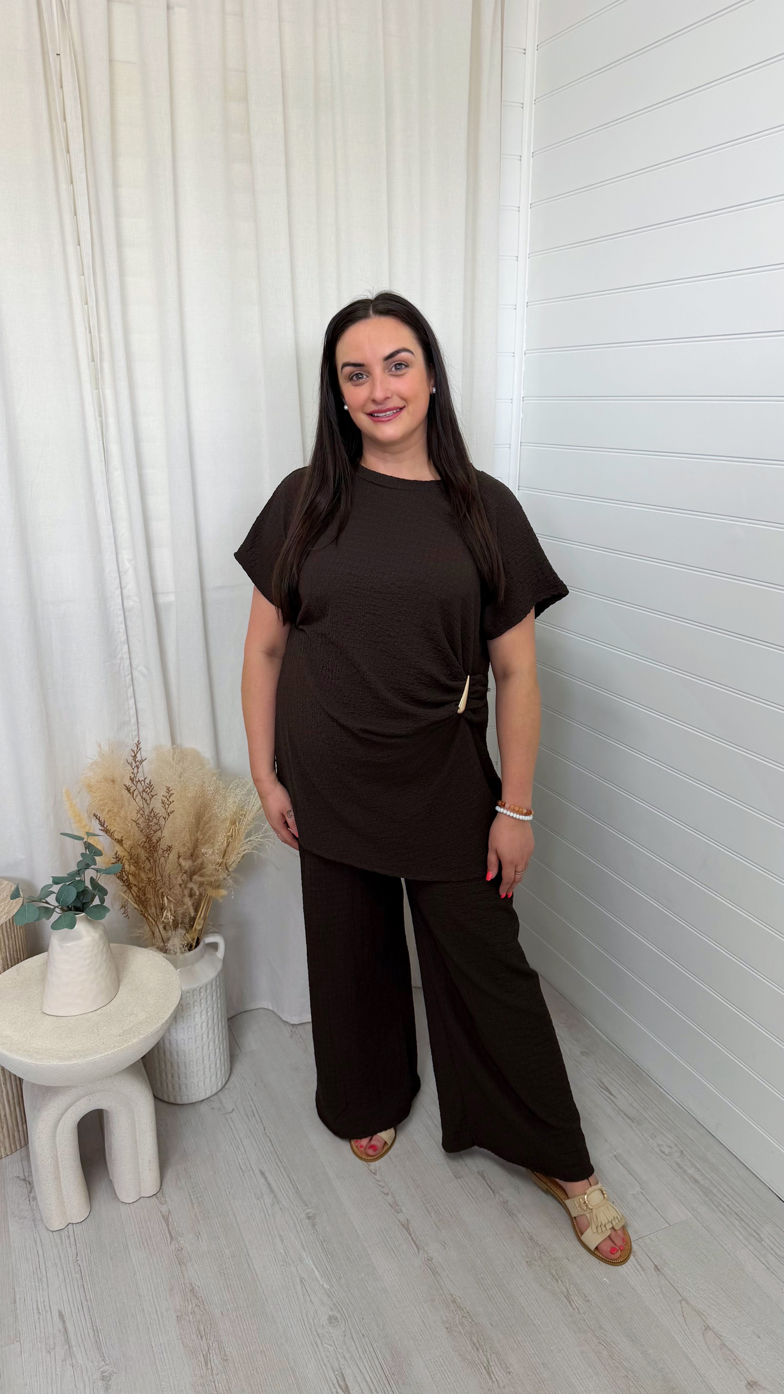 Gold Clasp Ruched Top and Wide Leg Trousers Co-Ord - BROWN