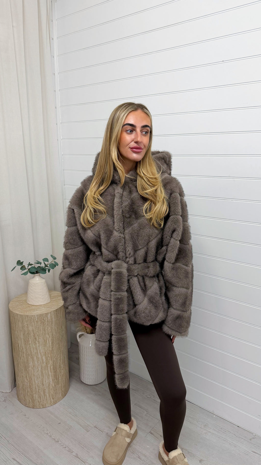 Hooded Faux Fur Coat with Belt - TAUPE