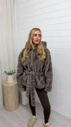 Hooded Faux Fur Coat with Belt - TAUPE