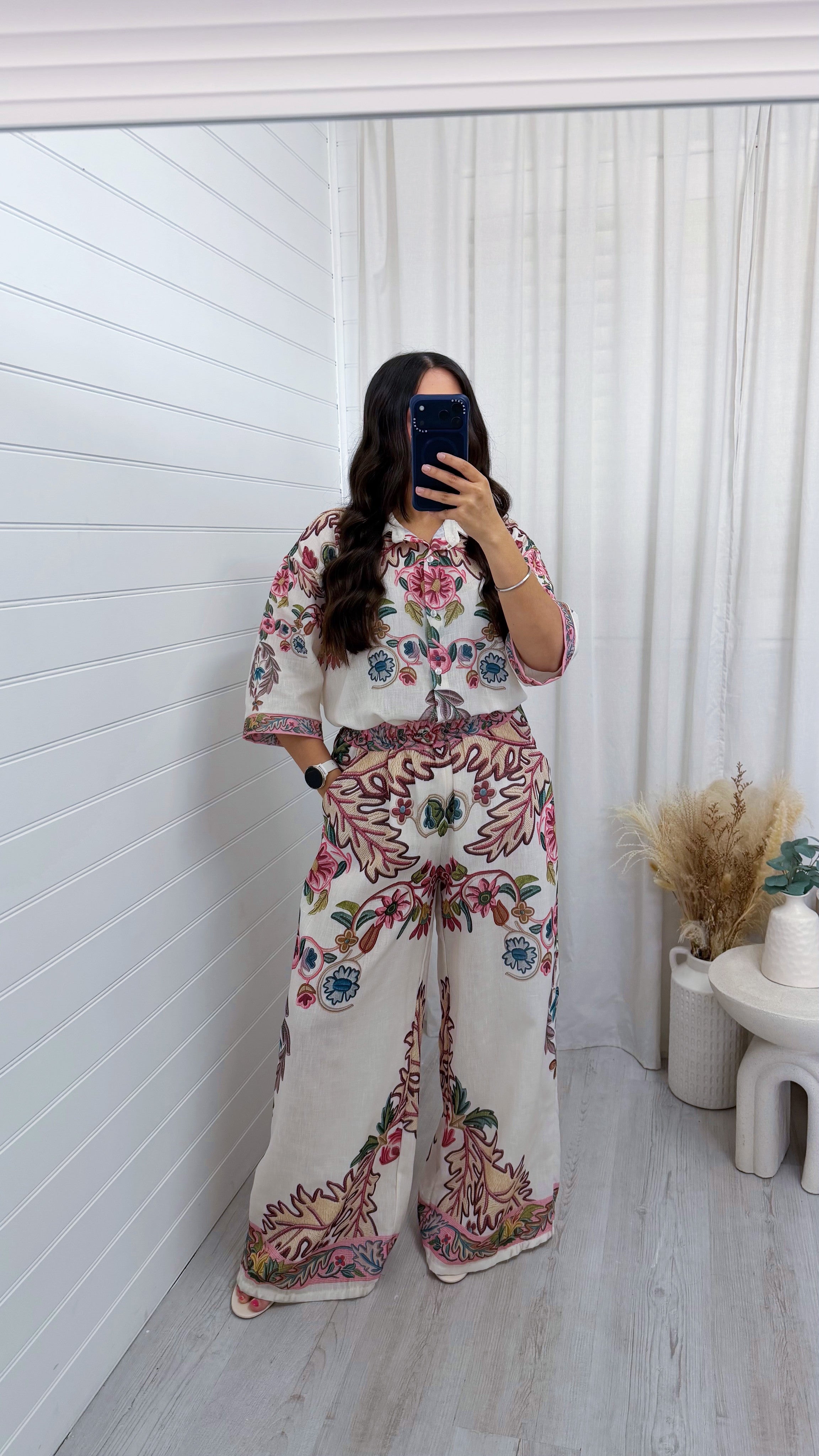 Linen Floral Print Shirt and Wide Leg Trousers Co-Ord - PINK