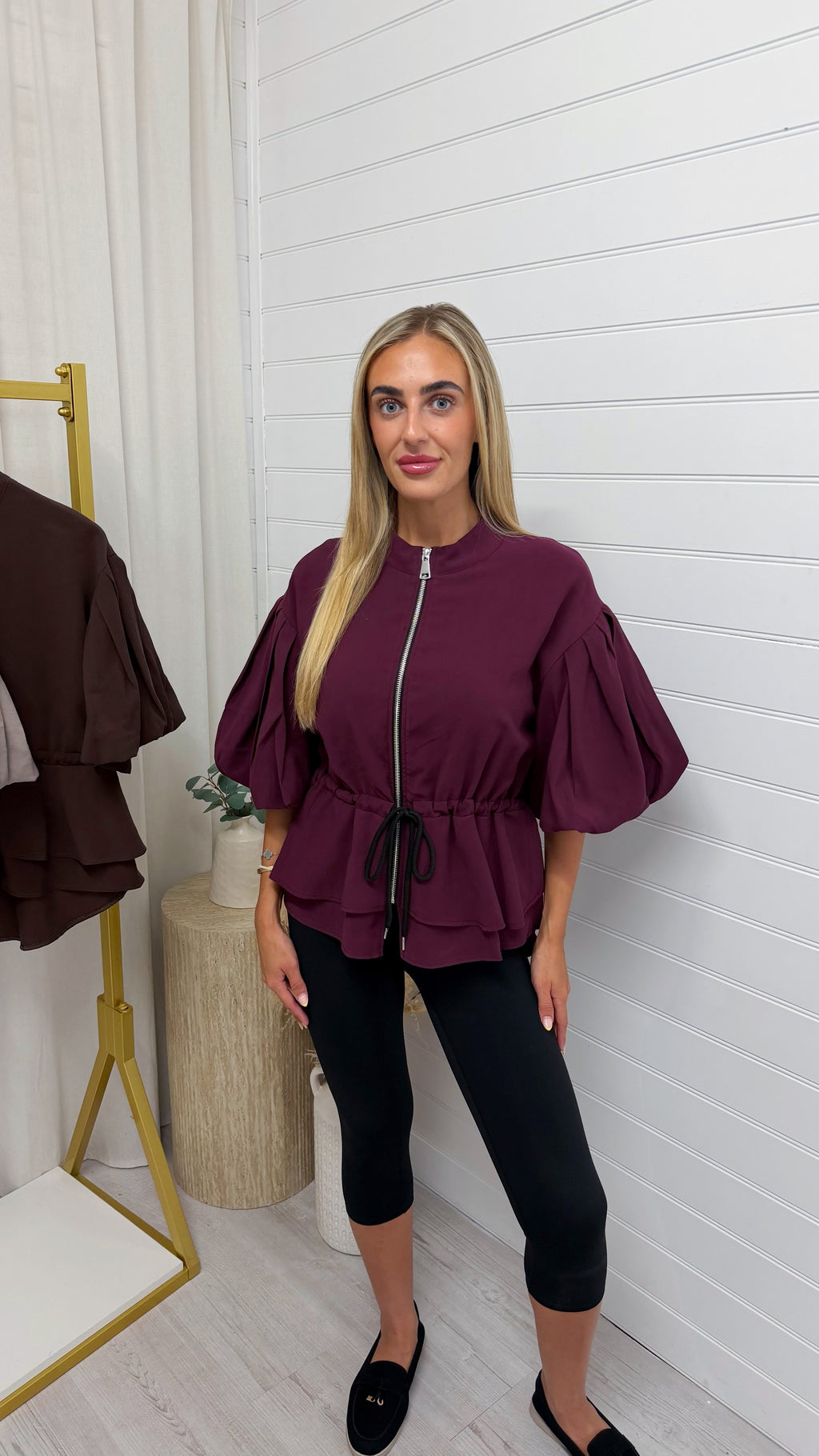 Balloon Sleeve Frill Shacket - WINE