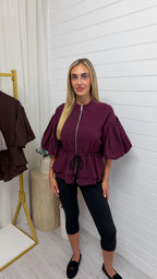 Balloon Sleeve Frill Shacket - WINE