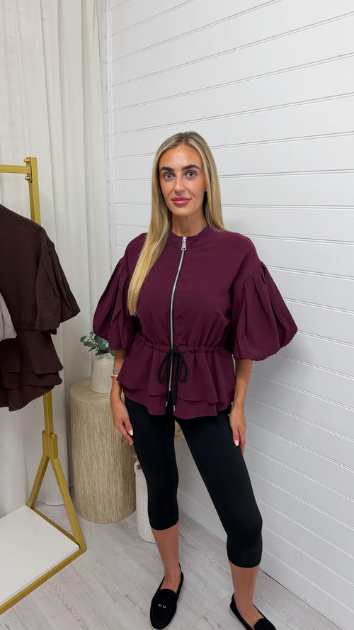 Balloon Sleeve Frill Shacket - WINE