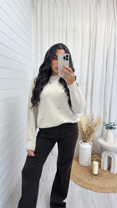 3D Gold Love Heart Woollen Jumper - BEIGE