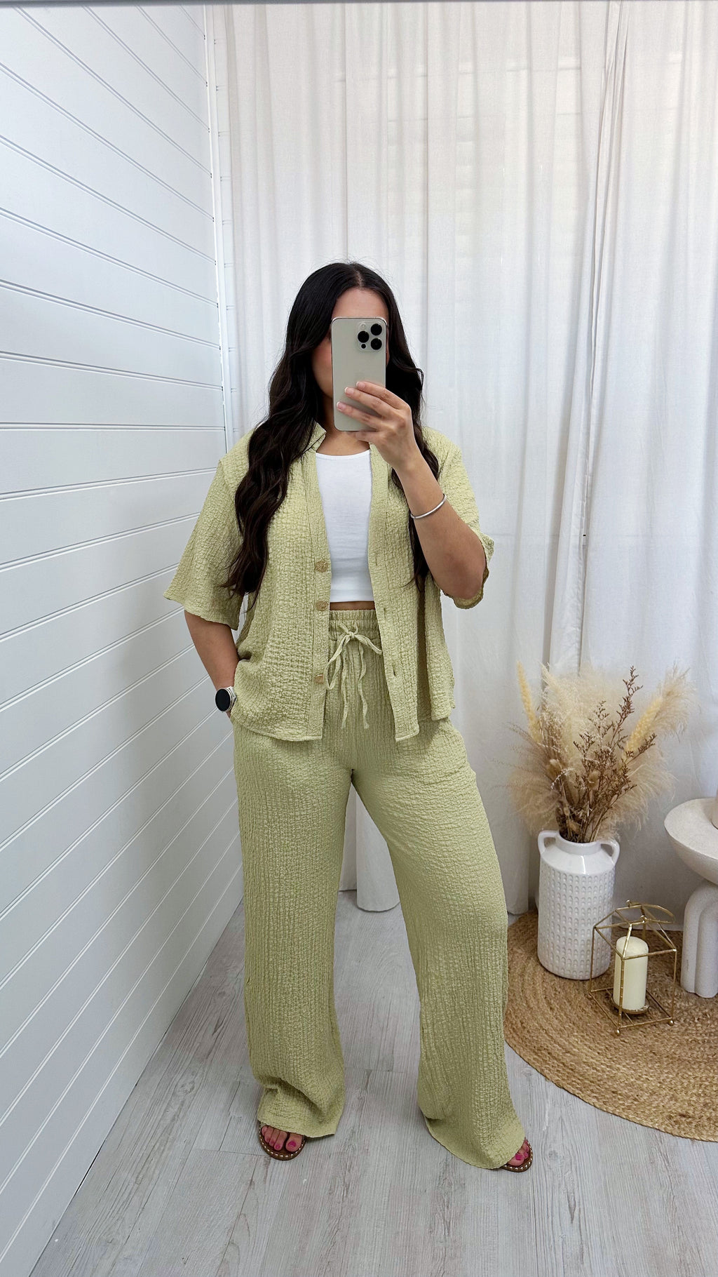 Cheesecloth Gold Button Shirt and Trousers Co-Ord - SAGE