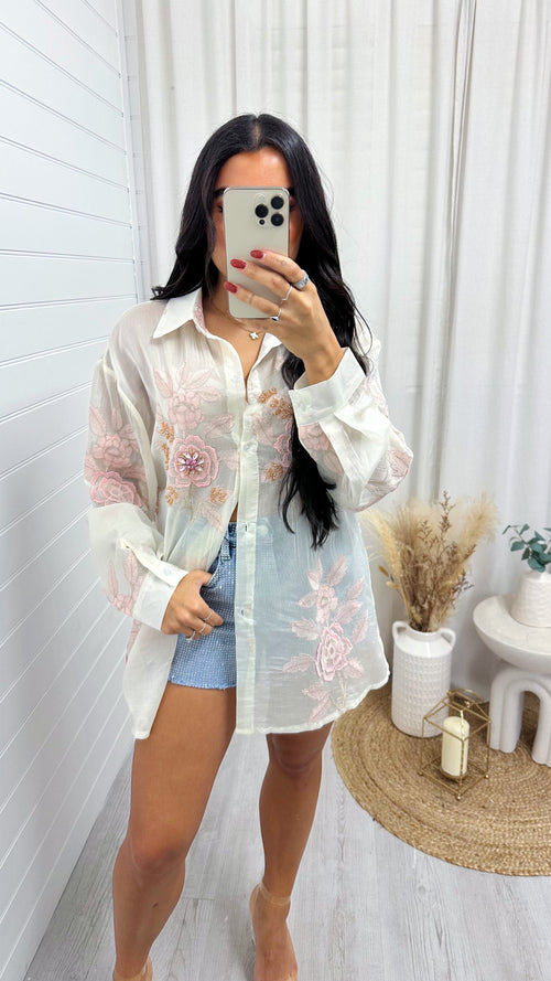 3D Floral Embellished Sheer Shirt - CREAM/PINK
