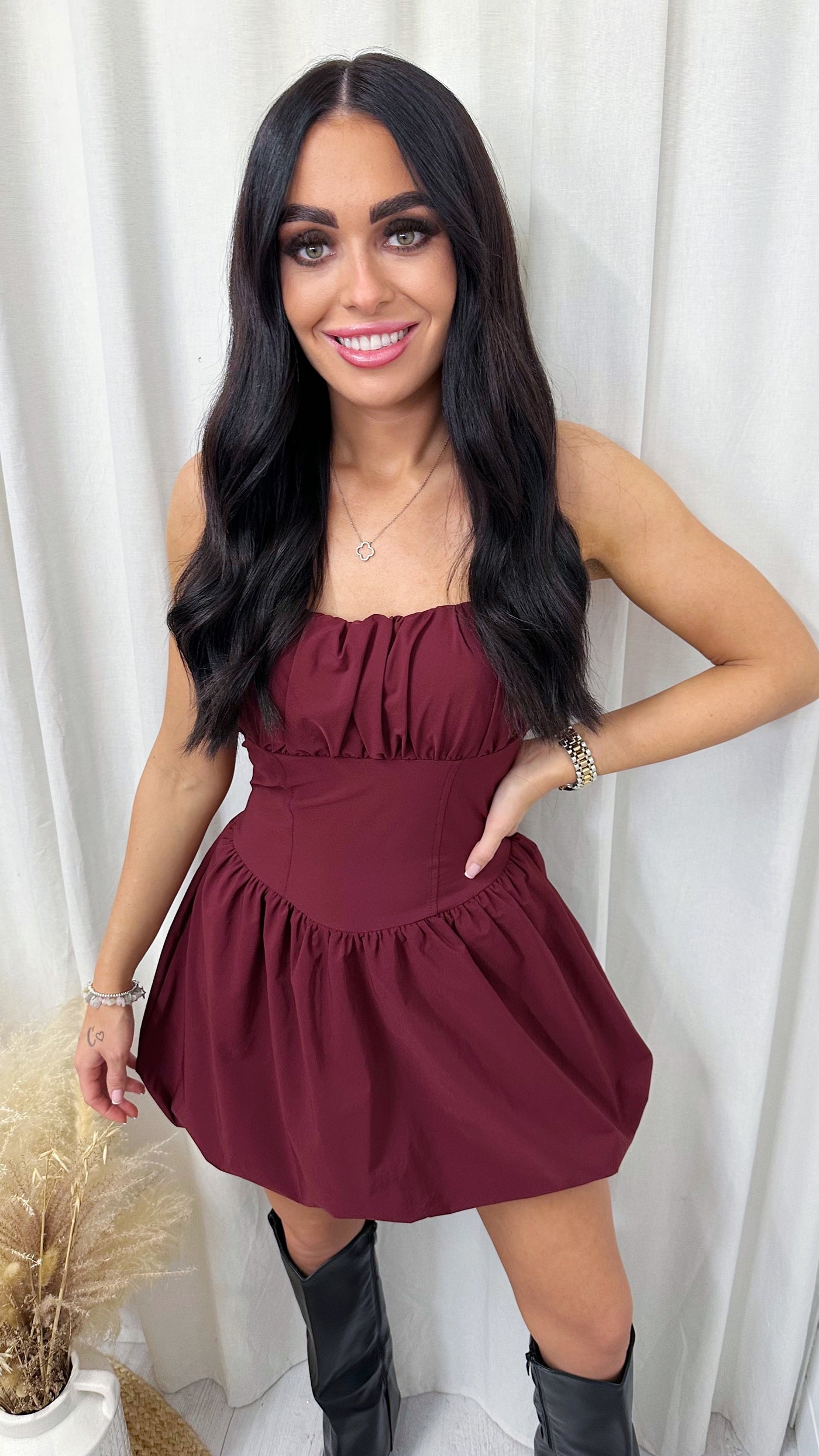 Puff Ball Corset Dress - WINE