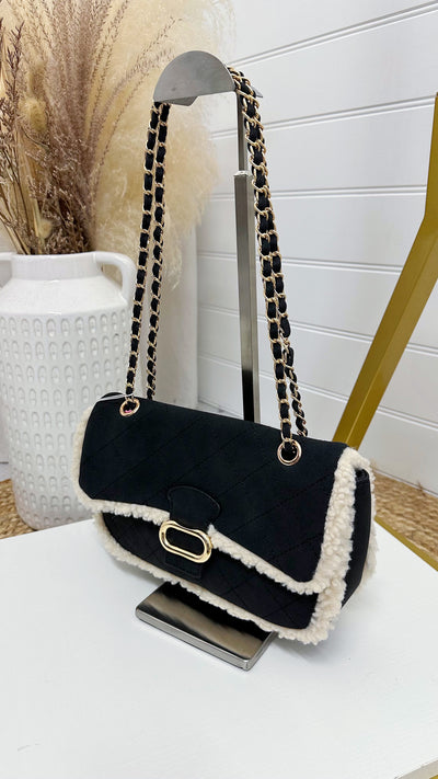 Teddy Fur Trim Cross Body Bag - BLACK