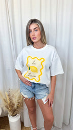 Premium Oversized Lemon Print T-Shirt - WHITE
