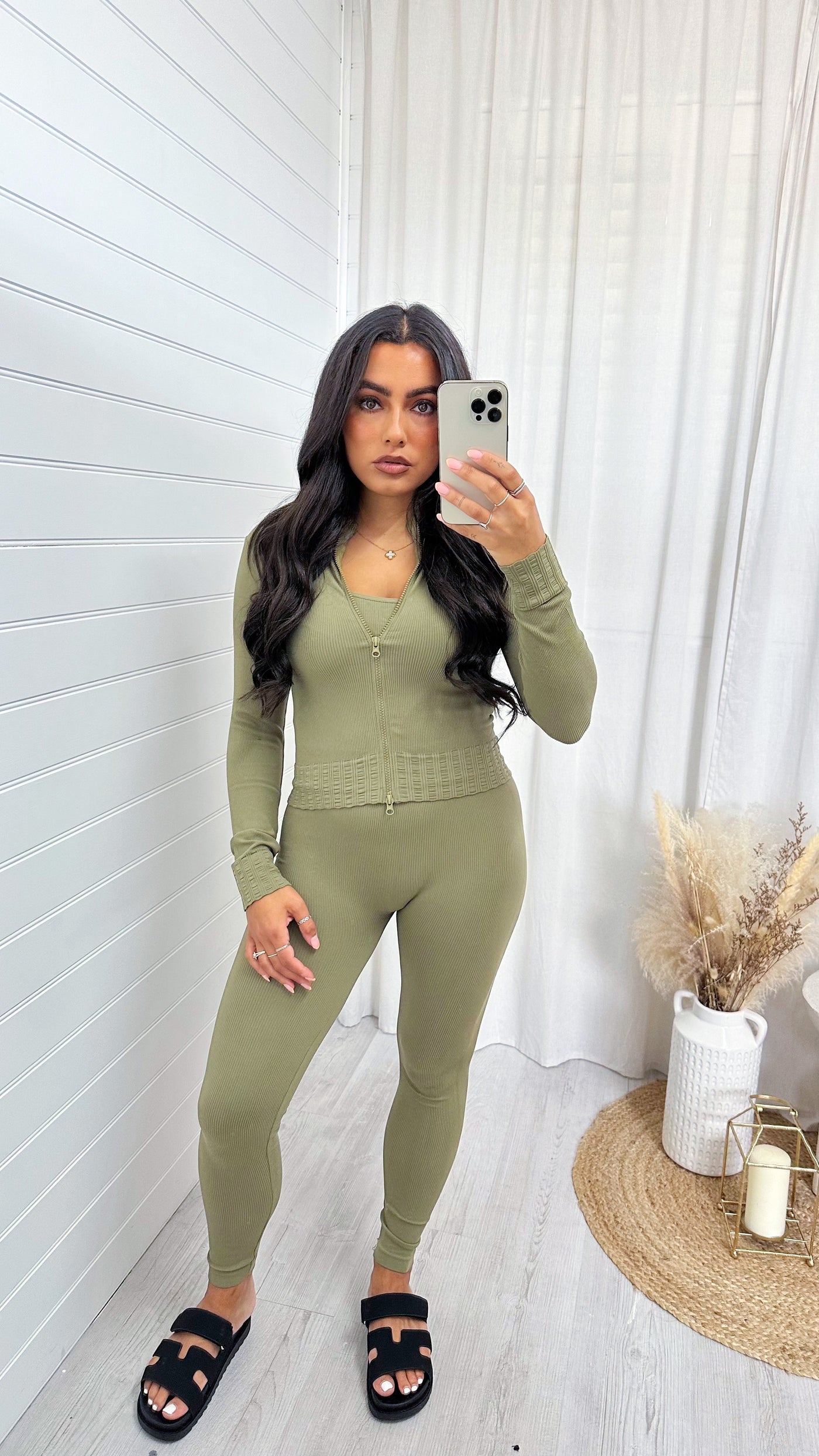 3 Piece Jacket, Crop Top and Leggings Active Set - KHAKI
