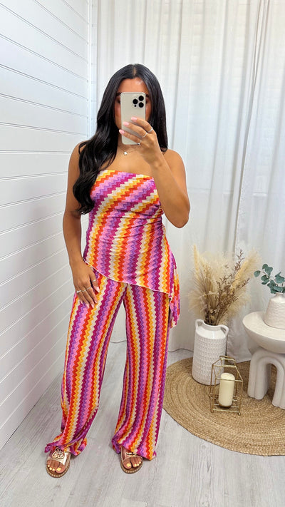Zig Zag Bandeau Top and Trousers Co-Ord - PINK