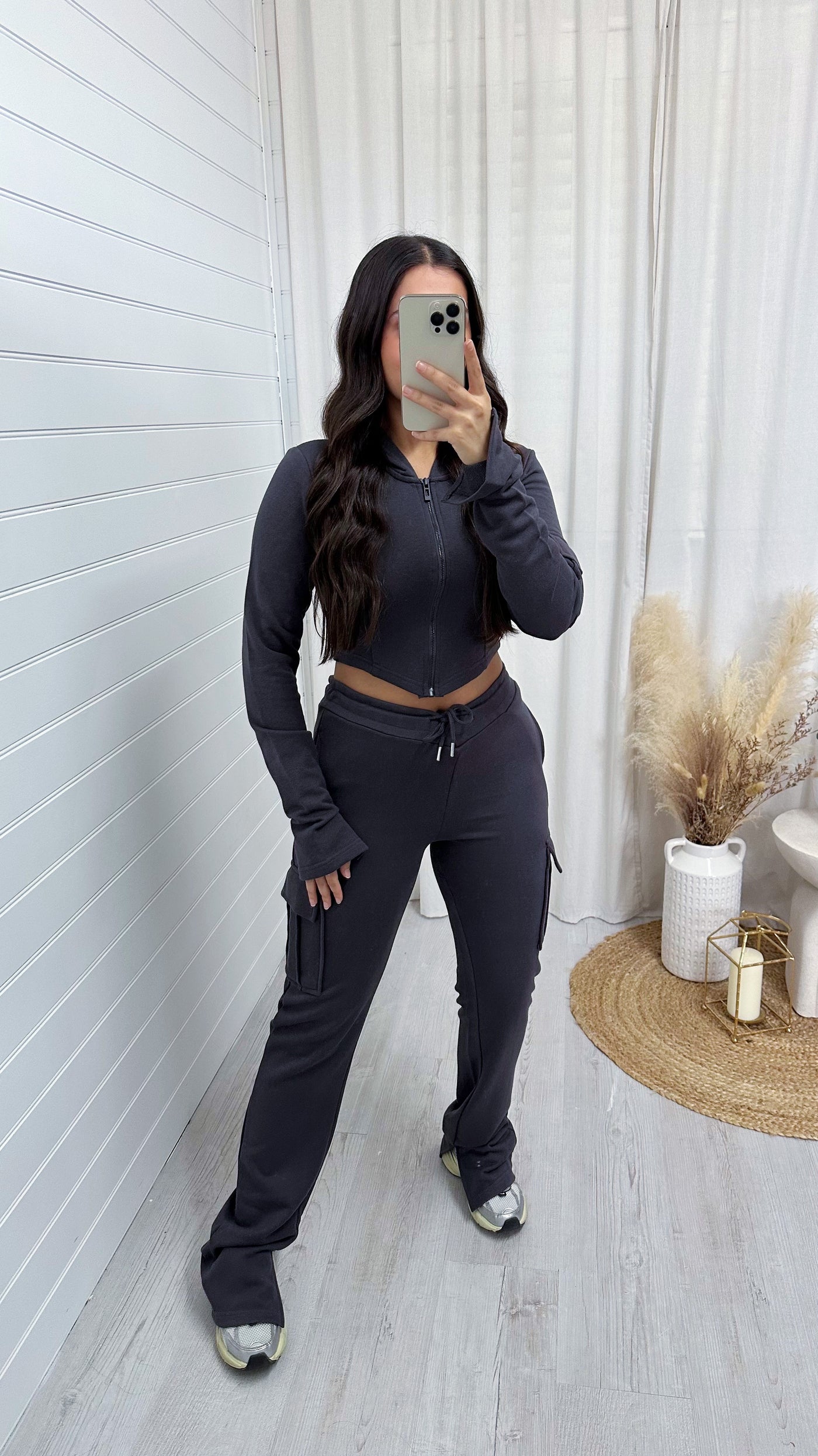 Cargo Cropped Jacket and Split Hem Joggers Tracksuit - SLATE GREY