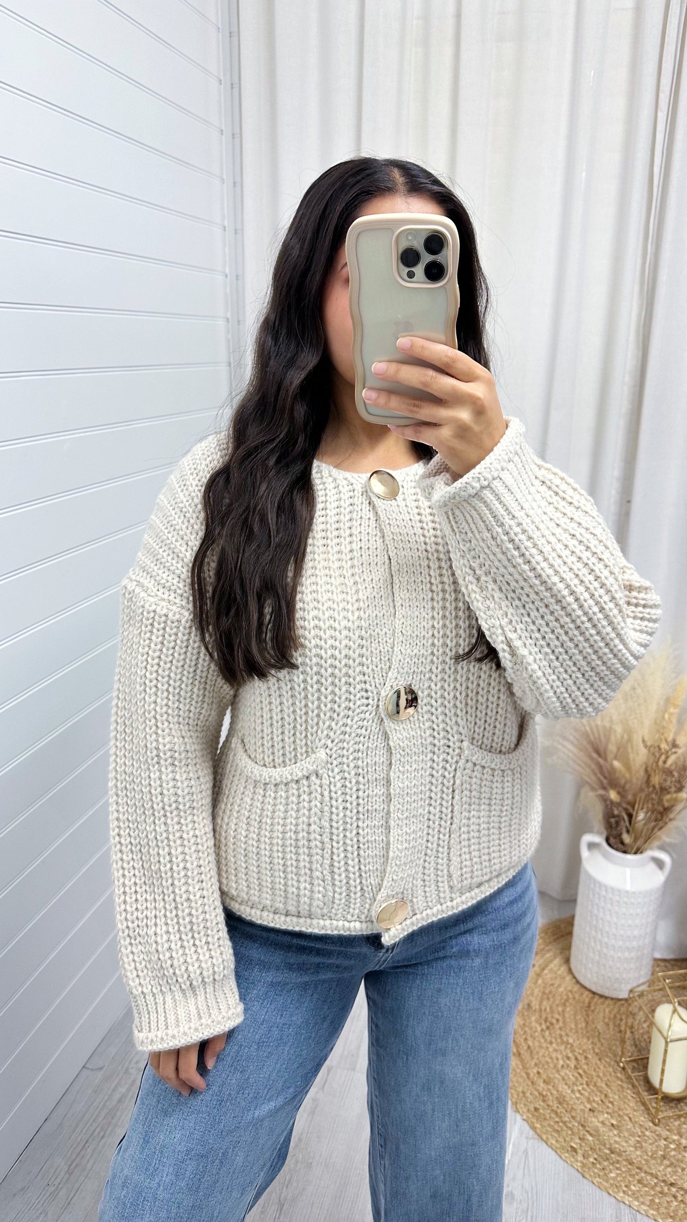 Chunky Knit Gold Button Cardigan - BEIGE