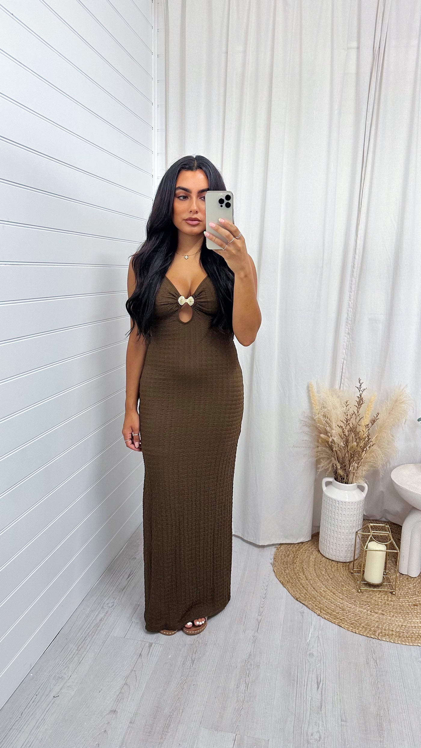 Seashell Buckle Plunge Maxi Dress - BROWN