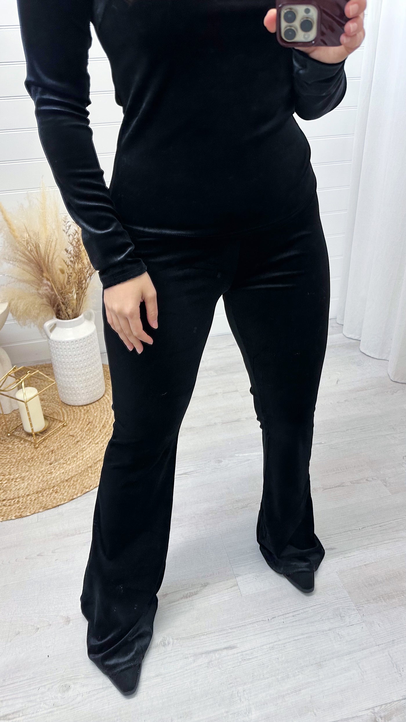 High Waisted Slim Fit Velvet Trousers - BLACK