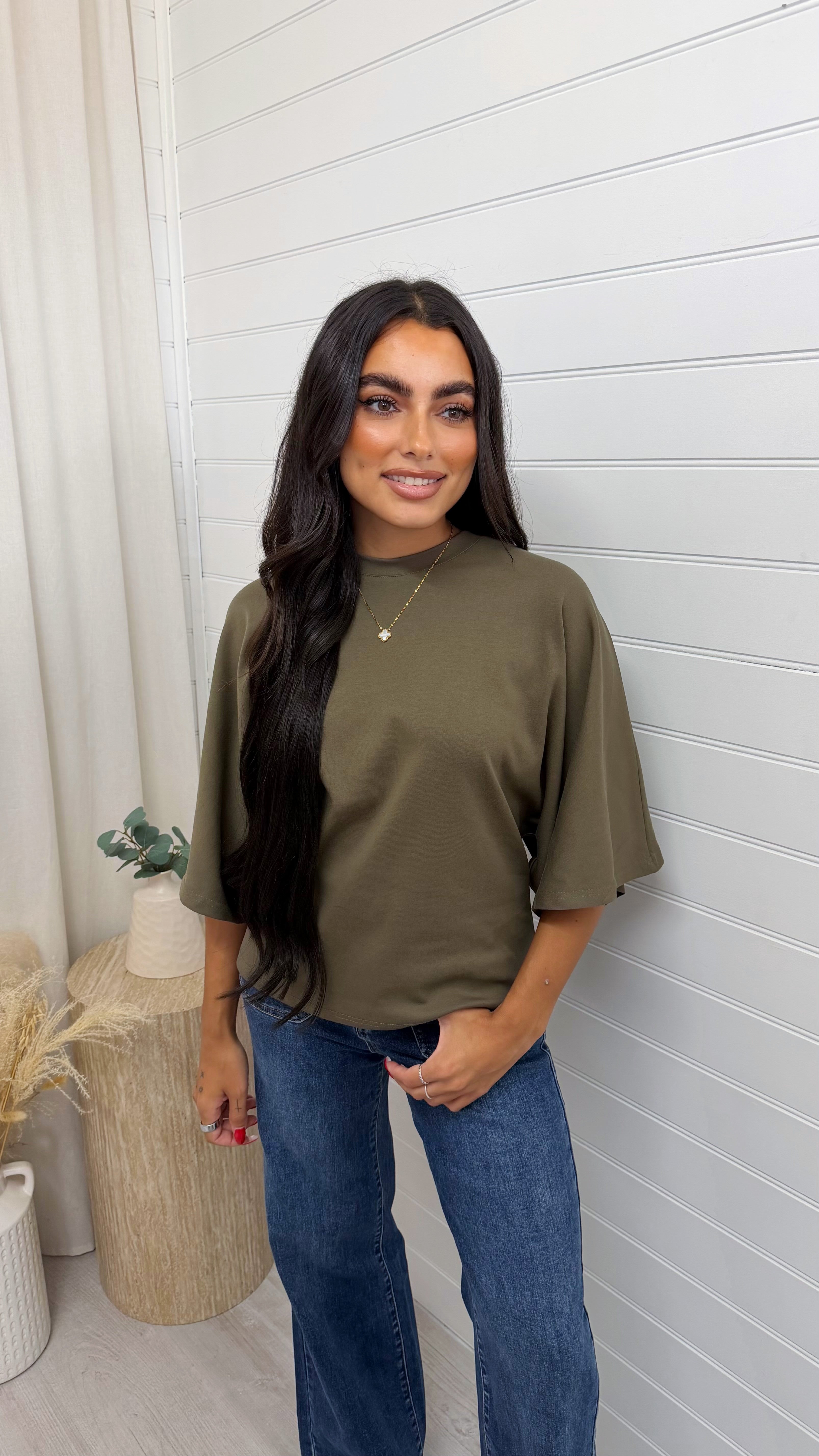 Box Sleeve Soft Cotton T-Shirt - KHAKI