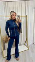 Gold Zip Flared Legging Active Set - NAVY
