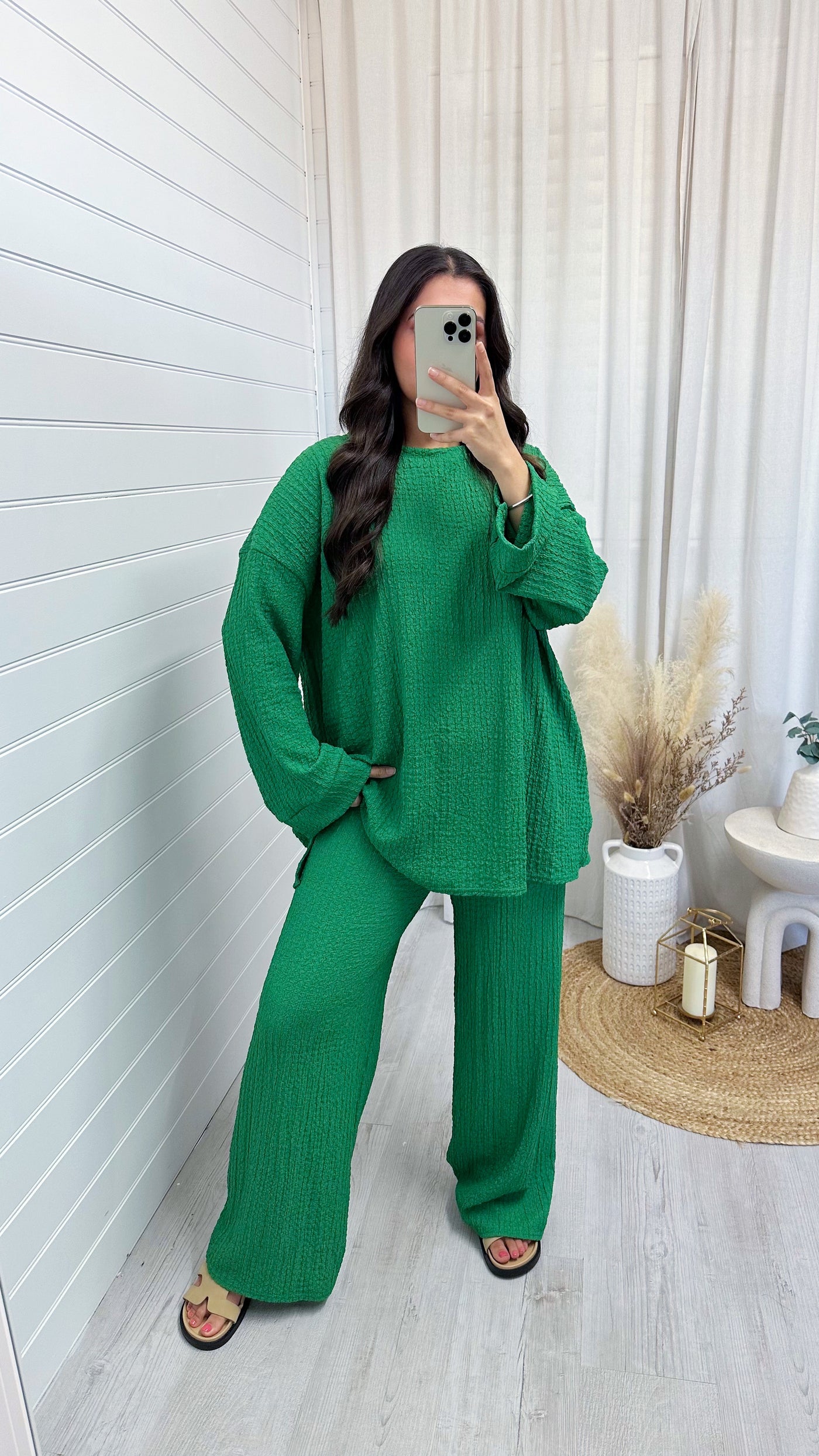 Loose Fit Cheesecloth Long Sleeve Top and Trousers Co-Ord - BRIGHT GREEN