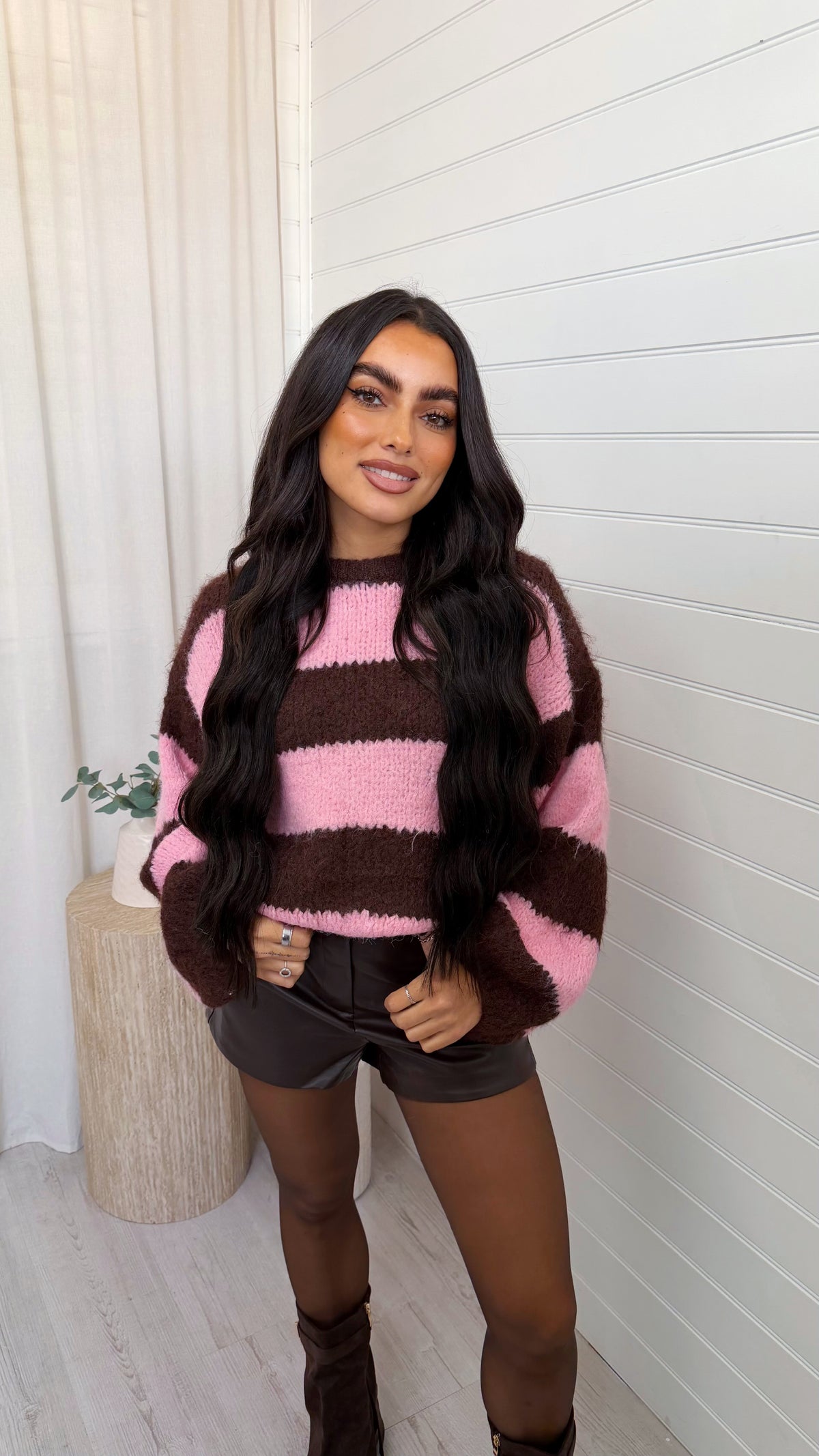 Chunky Stripe Woollen Jumper - PINK/BROWN