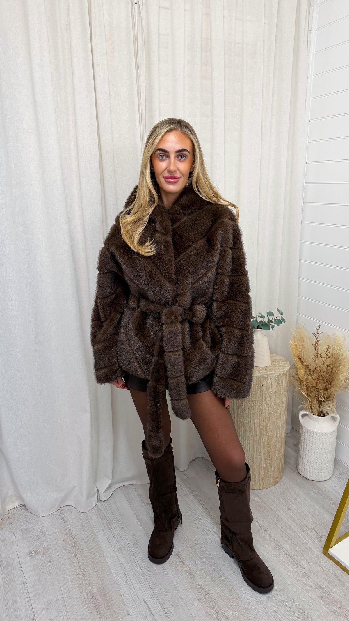 Hooded Faux Fur Coat with Belt - BROWN
