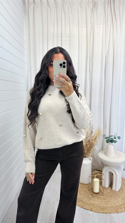 3D Gold Love Heart Woollen Jumper - BEIGE