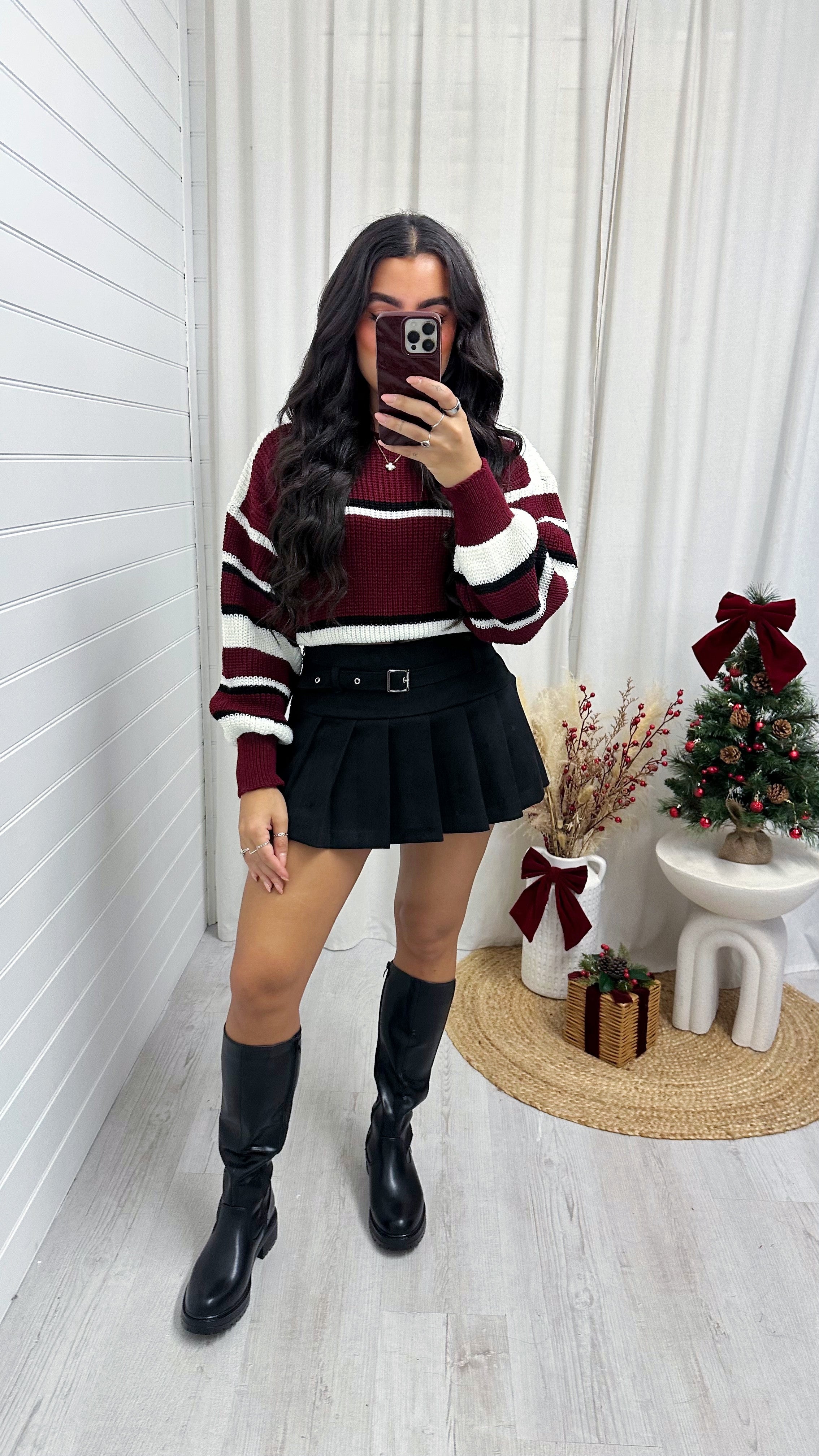 Cropped Knit Stripey Jumper - MAROON