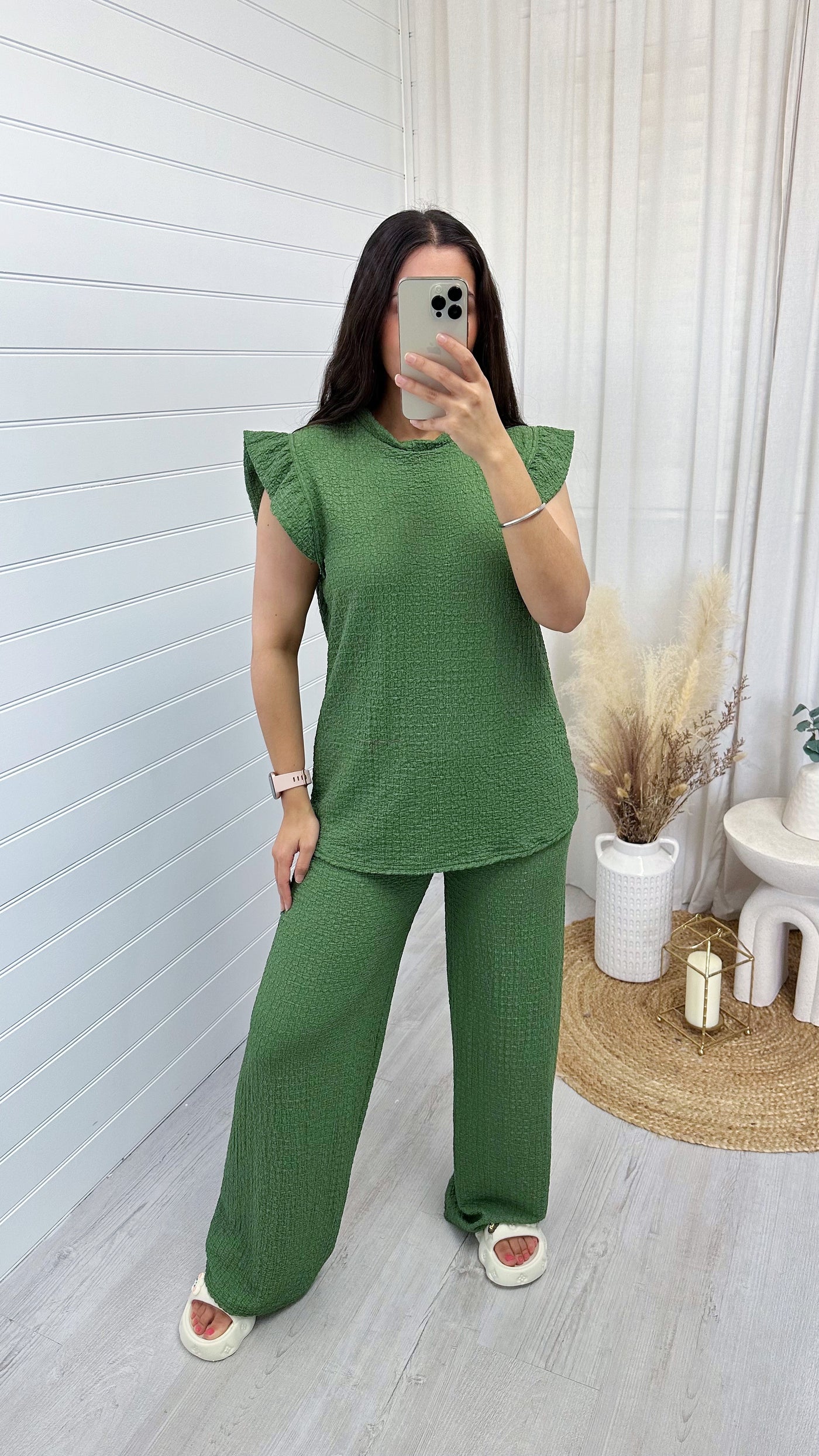 Cheesecloth Frill Shoulder Top and Trousers Co-Ord - OLIVE