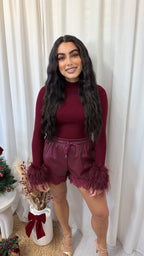 Lace Trim PU Shorts - WINE
