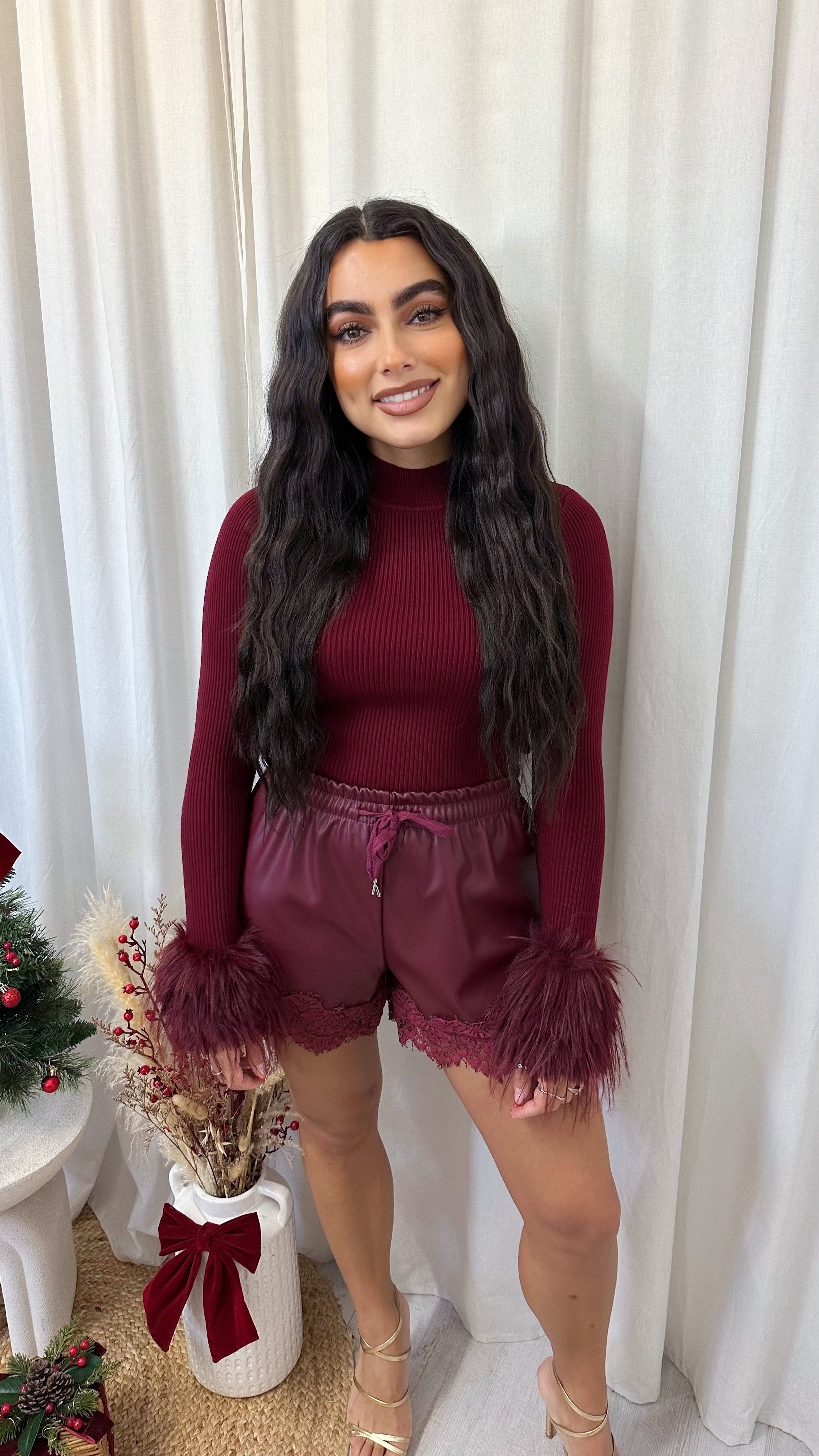 Lace Trim PU Shorts - WINE