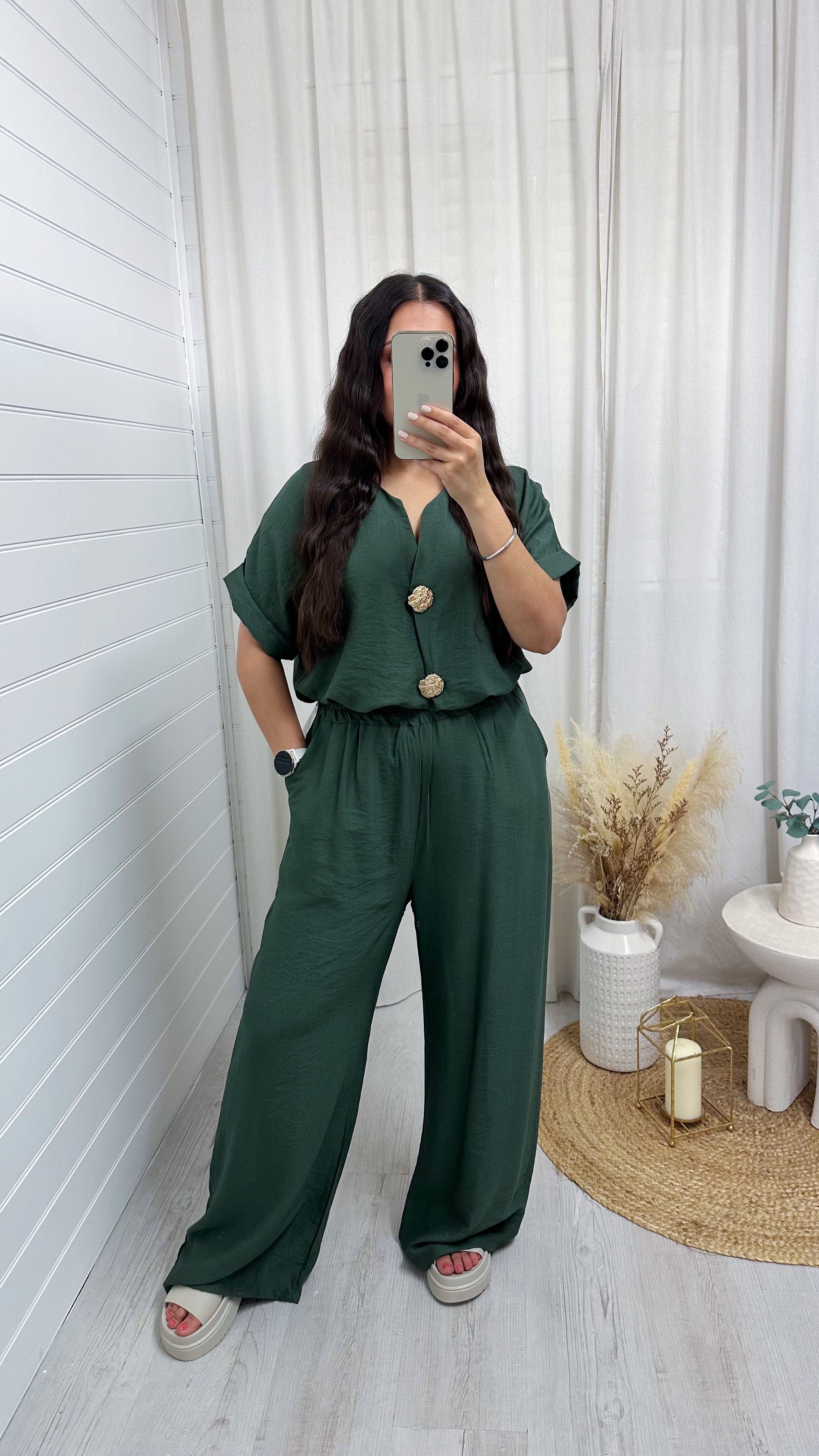Gold Button V Neck Top and Wide Leg Trousers Co-Ord - DARK KHAKI