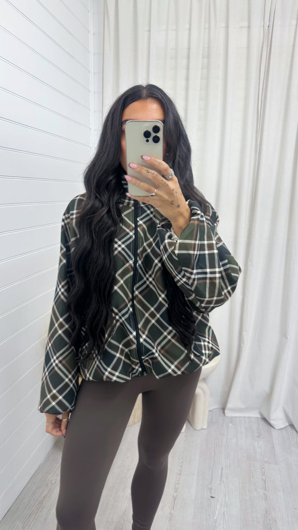 Large Check Print Bomber Jacket - KHAKI
