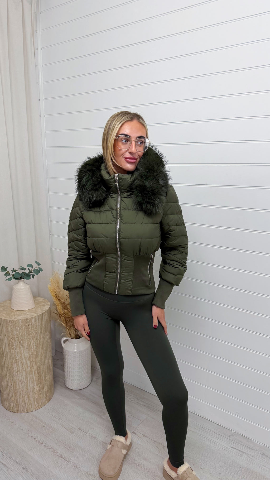 Fur Hooded Cinched Coat - KHAKI