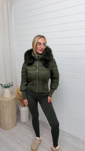 Fur Hooded Cinched Coat - KHAKI