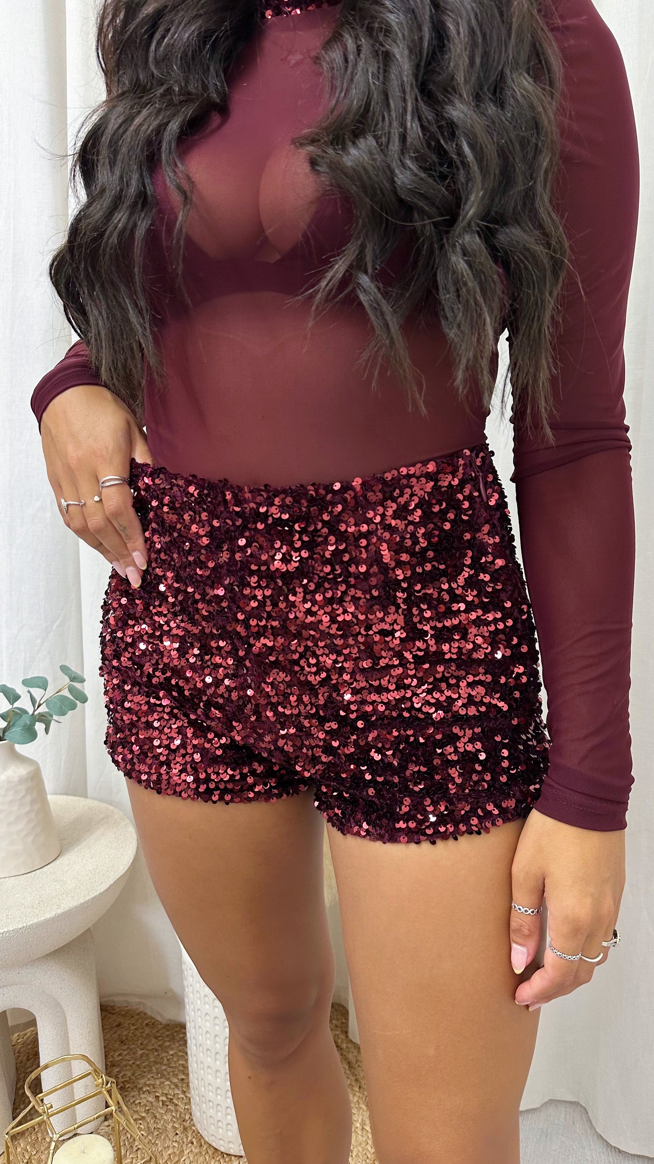 Sequin Velvet High Waisted Shorts - WINE