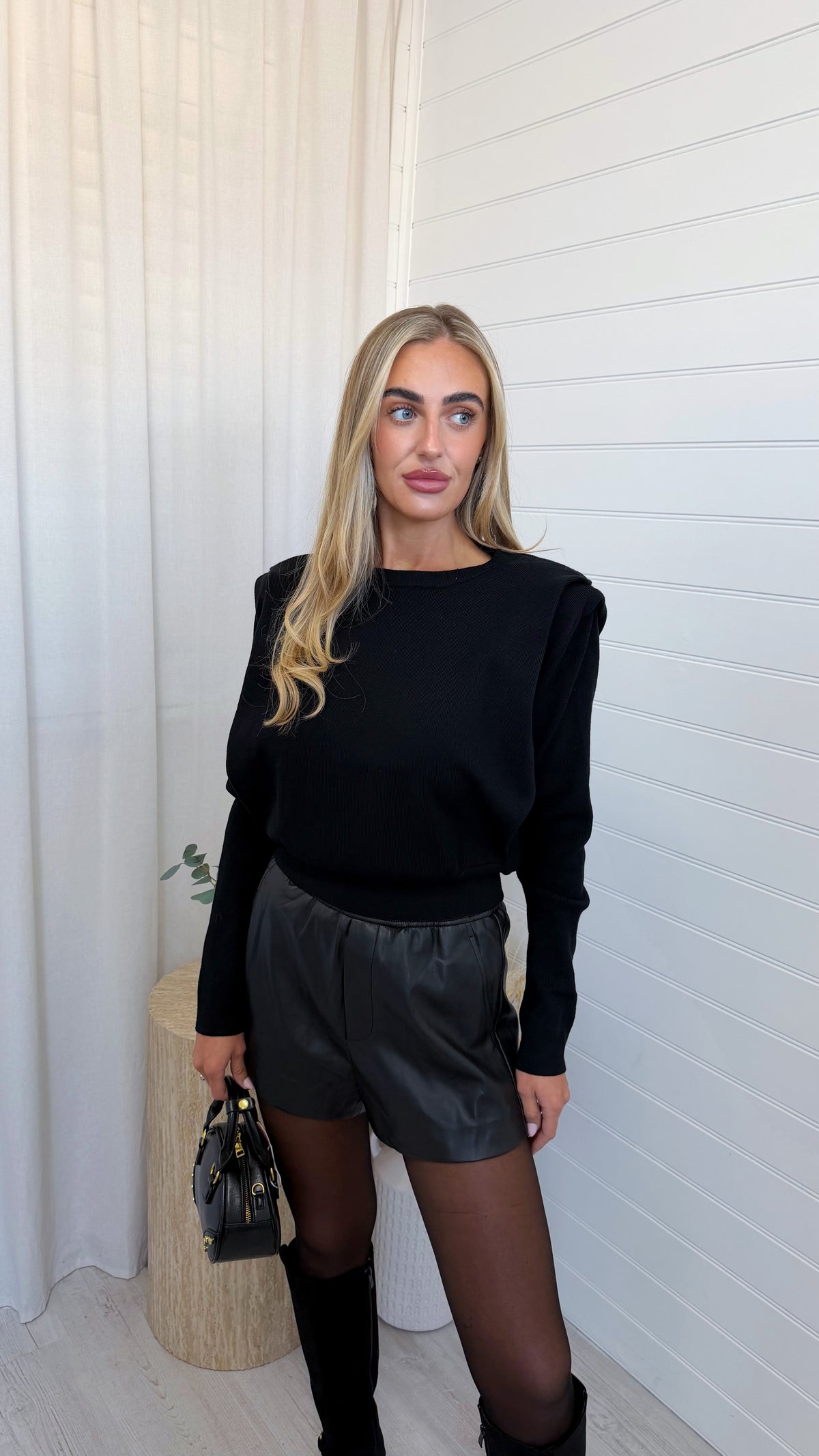 Shoulder Padded Knit Jumper - BLACK