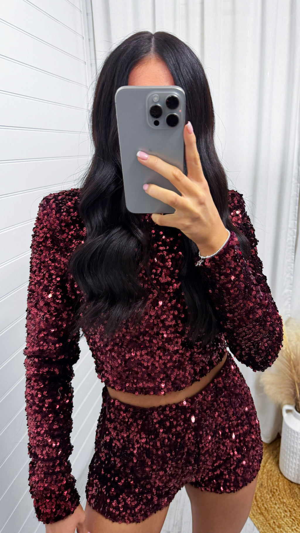 Sequin Velvet Long Sleeve Crop Top - WINE