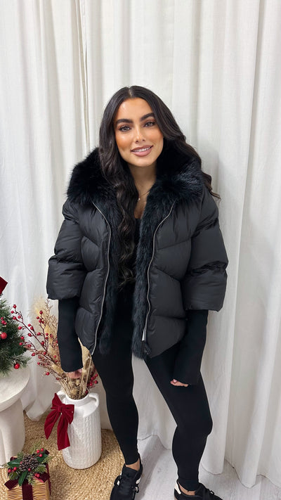 Fur Trim Hooded Puffer Coat - BLACK