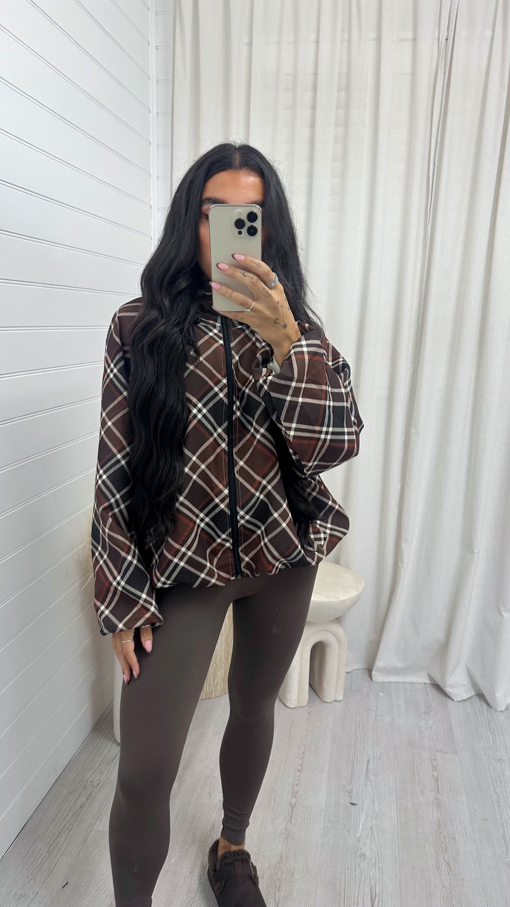 Large Check Print Bomber Jacket - BROWN