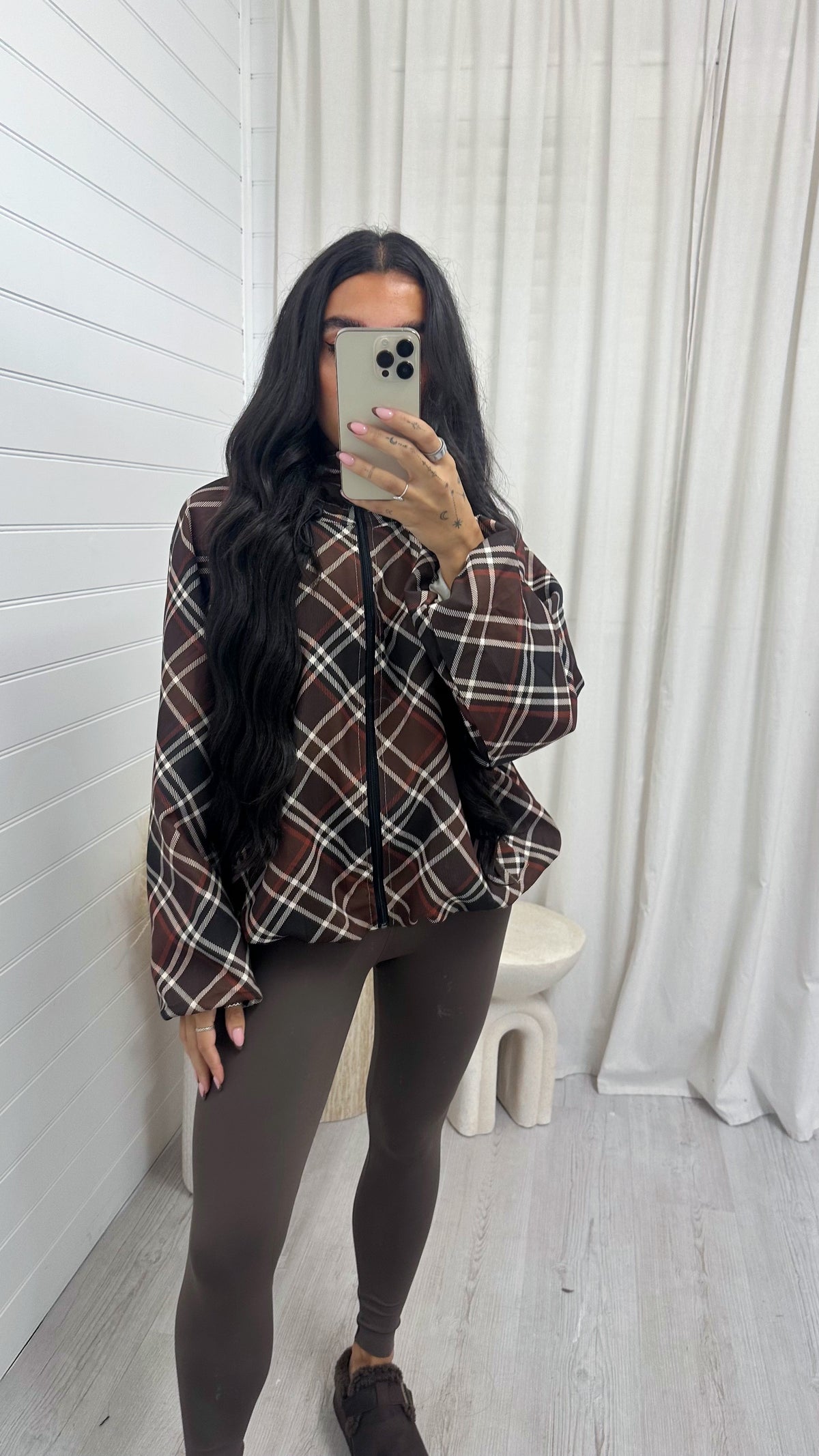 Large Check Print Bomber Jacket - BROWN