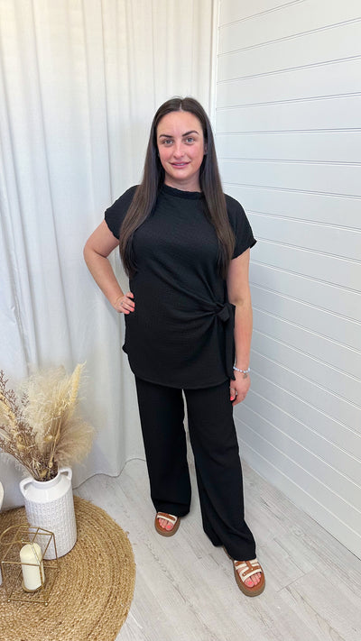 PLUS Cheesecloth Tie Knot Top and Trousers Co-Ord - BLACK