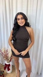 Halter Neck Ruched Rhinestone Dress - BROWN