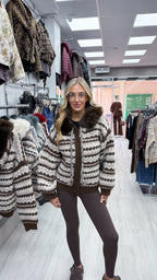 Faux Fur Collar Aztec Print Cardigan - BROWN