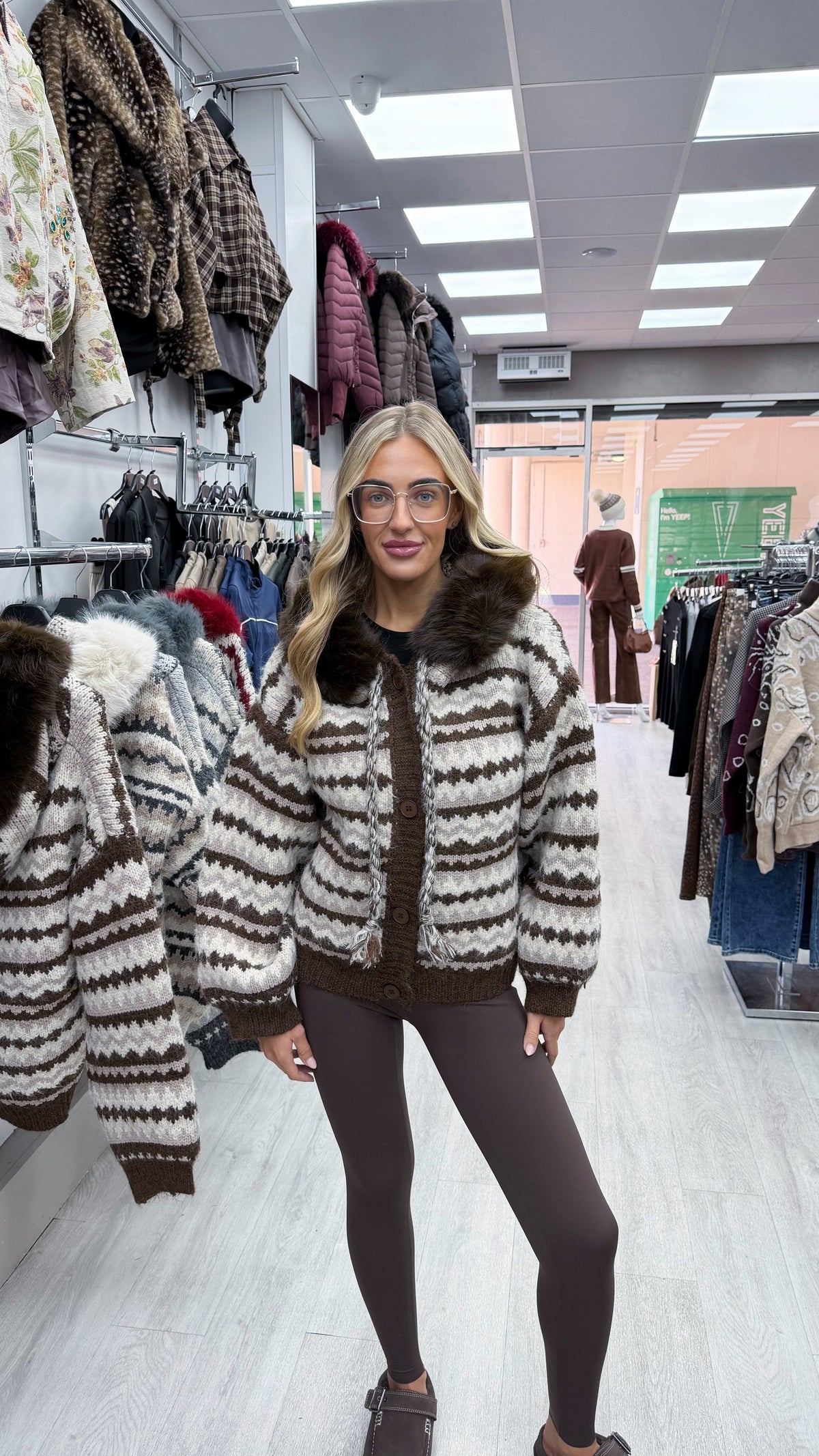 Faux Fur Collar Aztec Print Cardigan - BROWN