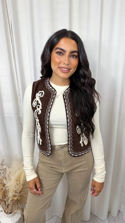 Western Suede Embroidered Waistcoat - BROWN