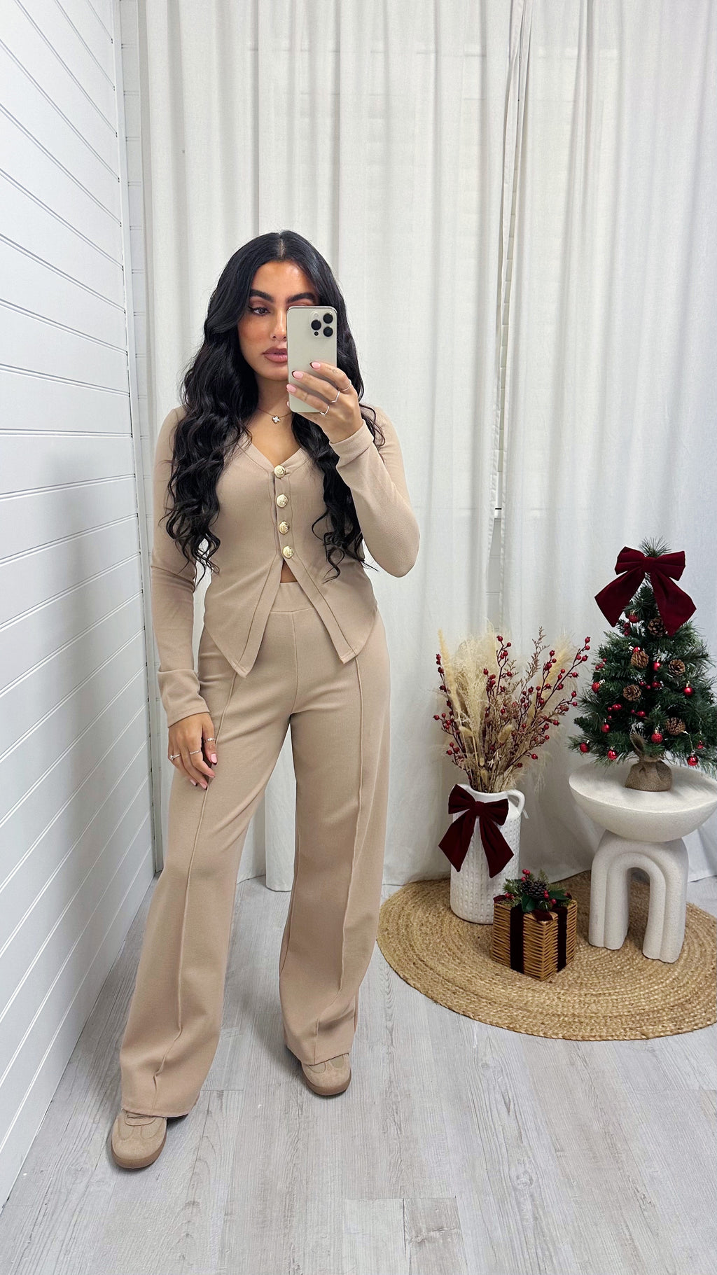 Gold Button Cardigan and Straight Trousers Co-Ord - BEIGE